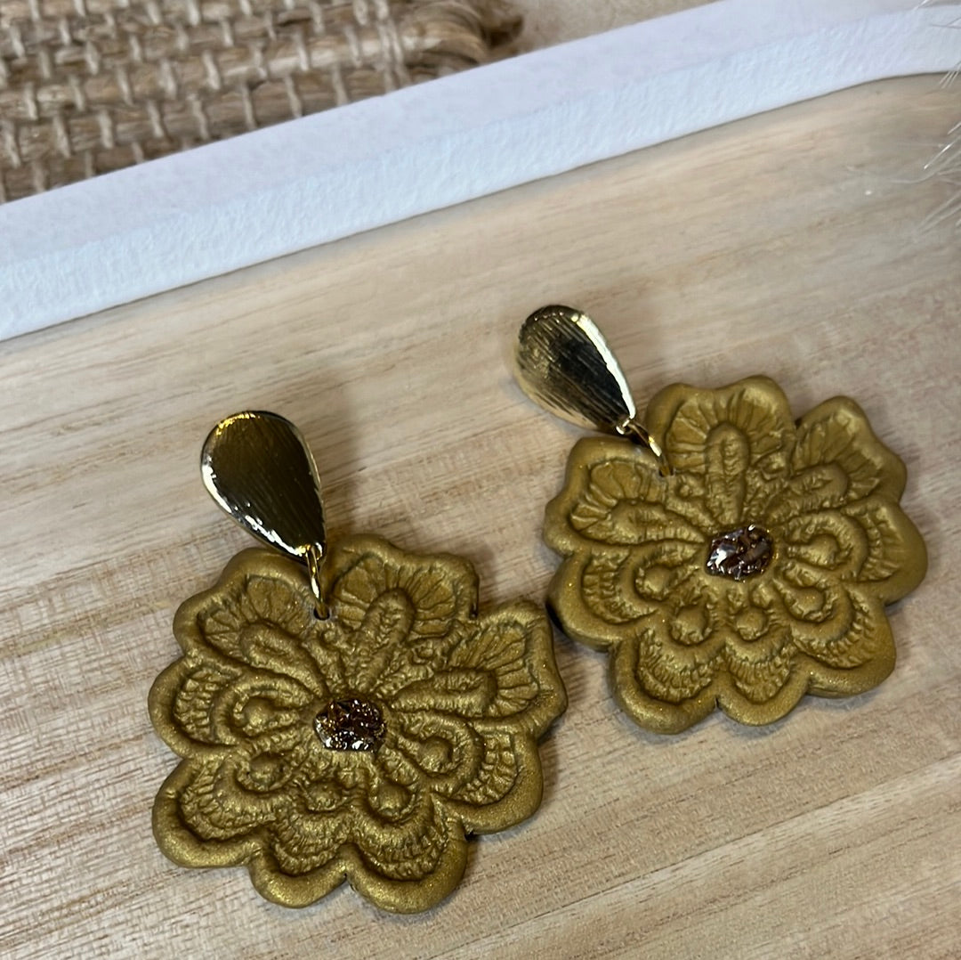 Gold Lace Flower Dangle Earrings