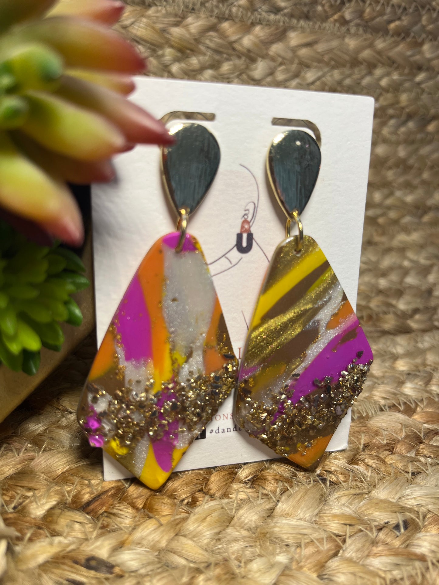 Fuschia and Yellows with Gold Crystals Dangle Earrings