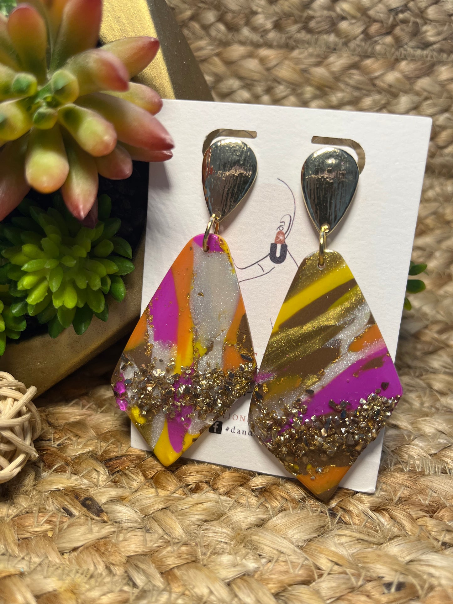 Fuschia and Yellows with Gold Crystals Dangle Earrings