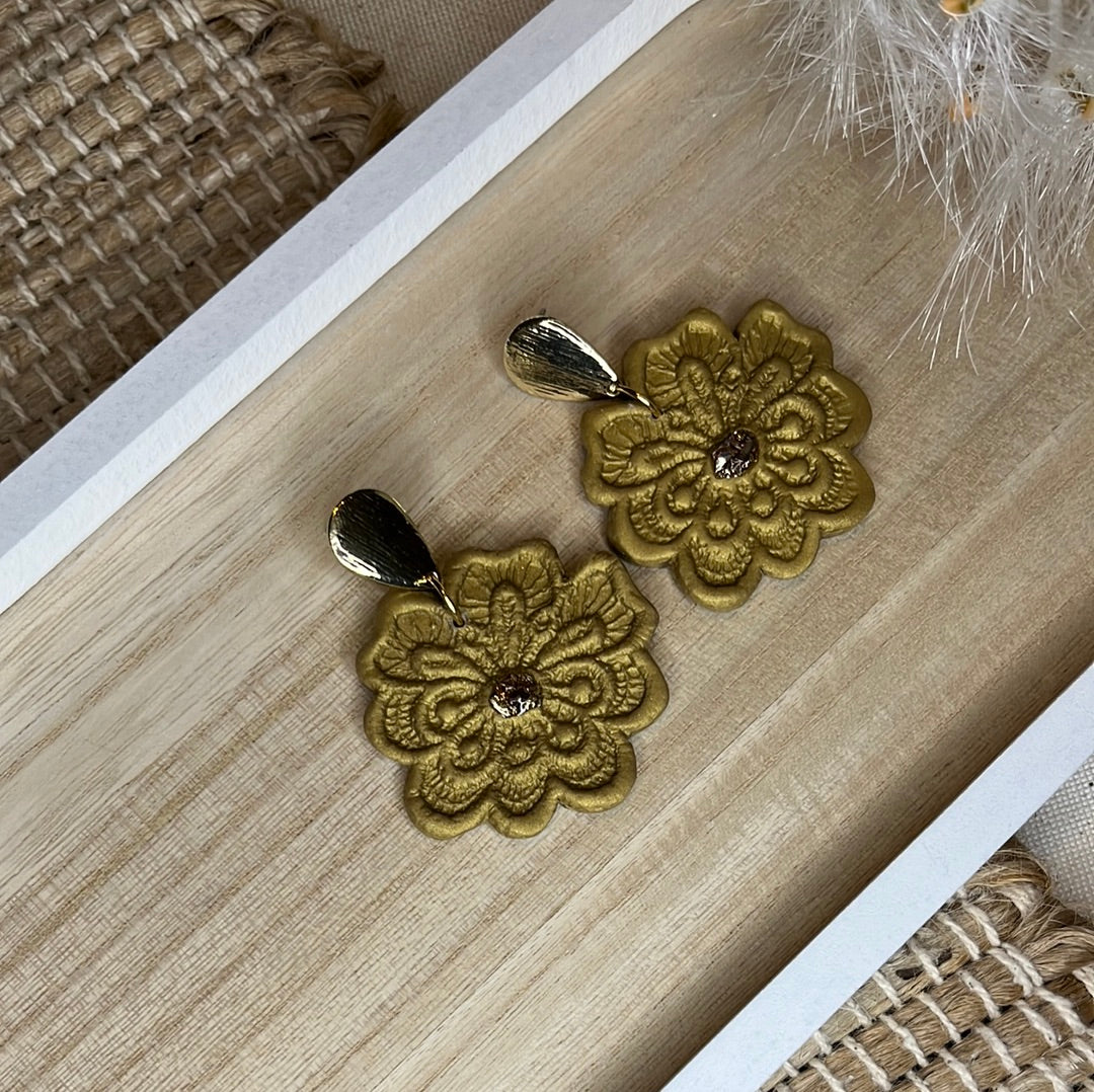 Gold Lace Flower Dangle Earrings